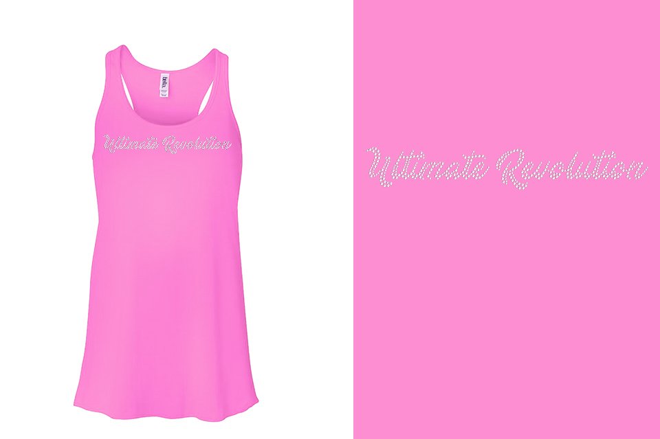 Rhinestones Ultimate Revolution script text 1-color stones Youth Flowy Racerback Tank