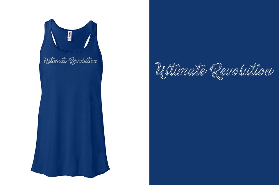 Rhinestones Ultimate Revolution script text 1-color stones Youth Flowy Racerback Tank