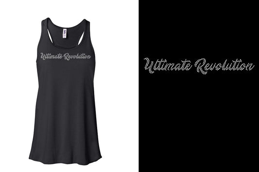 Rhinestones Ultimate Revolution script text 1-color stones Youth Flowy Racerback Tank