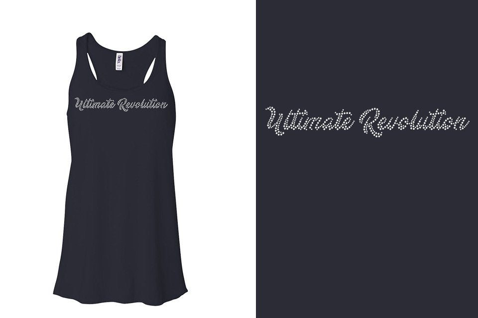 Rhinestones Ultimate Revolution script text 1-color stones Youth Flowy Racerback Tank