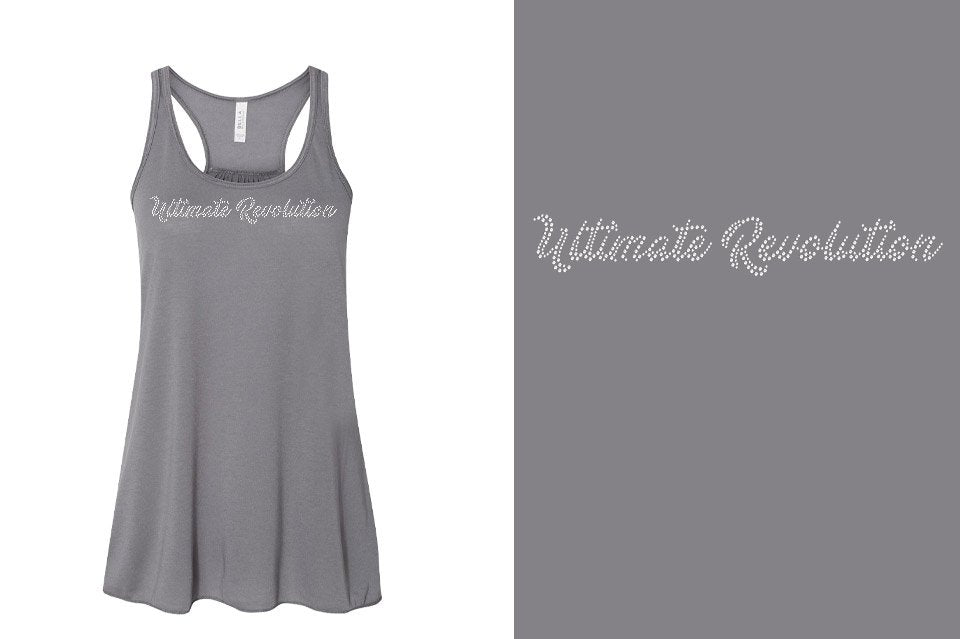 Rhinestones Ultimate Revolution script text 1-color stones Youth Flowy Racerback Tank